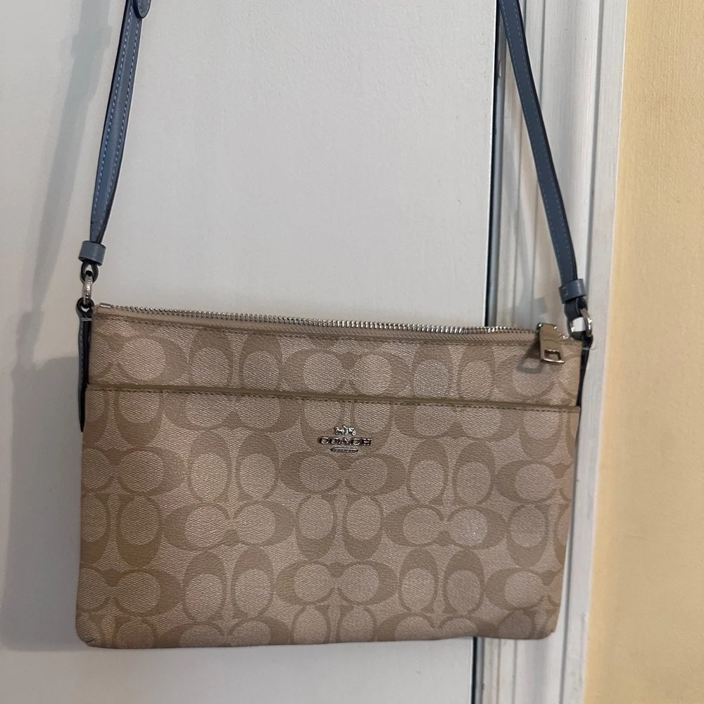 Coach Signature East West Pop Crossbody Handbag Light Khaki/Blue 101/2x7" - Picture 2 of 15